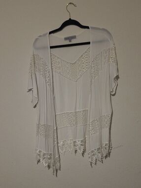 Absolutely Famous White Crochet-Trim Open Front Cover Up